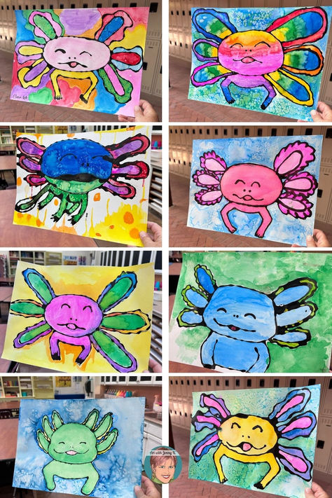 Axolotl art activity for kids using watercolors, salt, and black glue. Axolotl Activities For Kids, Axolotl Art Project, Kawaii Art Projects, Axolotl Crafts For Kids, Animal Art Projects For Kids, Art Curriculum Map, Kindergarden Art, Axolotl Art, Homeschool Art Projects