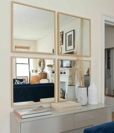 4 Square Mirrors On Wall Decor, Mirror And Print Wall, Ikea Mirrors Ideas Squares, Small Square Mirror Wall Decor, 4 Mirrors On Wall Decor, Mirror Squares Wall, Grid Mirror Wall, Large Mirror In Dining Room, Square Mirror Ideas