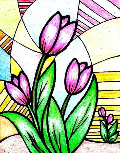 Tulip Glass Painting, Abstract Stained Glass Designs, Color Art Lessons, Lilies Drawing, Glass Painting Patterns, Doodle Paint, Glass Painting Designs, Stained Glass Paint, Stained Glass Diy