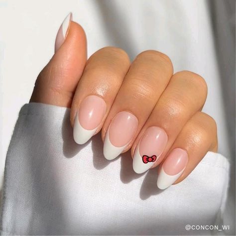 Hello Kitty Nail Ideas Simple, Cinnamoroll Nails Simple, Hello Kitty Nails Easy, Easy Hello Kitty Nails, Sanrio Nails Simple, Short Sanrio Nails, Nails Hello Kitty Short, French Tip Hello Kitty Nails, Sanrio Nail Designs