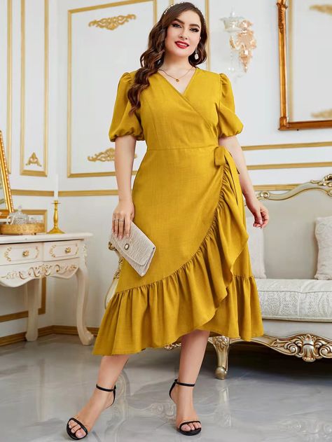 Yellow Elegant  Short Sleeve Polyester Plain A Line Embellished Non-Stretch Spring/Summer Plus Size Dresses Style Bleu, Maxi Design, Fancy Frocks, Fancy Gowns, Popular Fashion, Curvy Dress, Fashion Dresses Casual, Fall Fashion Outfits, Casual Fall Outfits