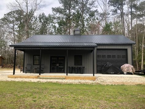 Metal Shop Plans, Modern Steel Building, Detached Metal Garage Ideas, Gray Metal Building, Barn Shop Ideas, Pole Building Garage, Steel Garage Buildings, Barn Garage Plans, Pole Barn Shop