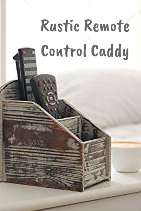 I always had a hard time keeping all my remotes in one place and making it look nice. With this caddy you can get that organization and a great touch of rustic decor as well. #PottedFarmHouse #Affiliate #Decor #Farmhouse #Rustic Mason Jar Utensil Holder, Torched Wood, Remote Control Organizer, Torch Wood, Office Supply Storage, Armchair Sofa, Remote Control Holder, Remote Holder, Office Supply Organization