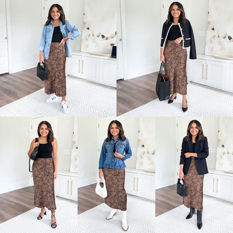 leopard skirt / maxi skirt / black boots / white cowboy boots / black heels / denim jacket / fall outfit / fall style Denim Jacket Fall Outfit, Jacket Fall Outfit, Leopard Skirt Outfit, Cowboy Boots Black, Denim Shirt Jacket, White Cowboy Boots, Boots White, Leopard Skirt, Skirt Maxi