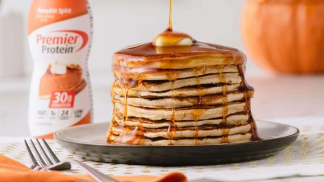 Pumpkin Spice Pancakes | Premier Protein Premier Protein Pancakes, Sleeved Recipes, Spice Pancakes, Pumpkin Spice Pancakes, Pumpkin Mousse, Slim Jim, Premier Protein, Fall Stuff, Fall Things