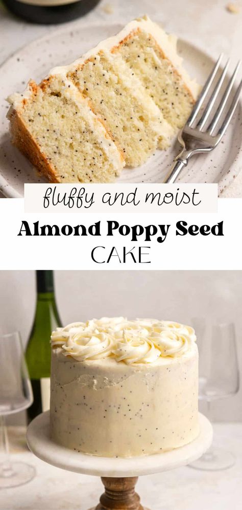 This 3-layer almond poppy seed cake is light and fluffy with crunch from poppy seeds, topped with rich and creamy almond buttercream. It's perfect for any celebration! Almond Poppyseed Cake, Almond Poppy Seed Cake, Almond Poppyseed, Almond Buttercream, Poppyseed Cake, Seed Cake, Poppy Seed Cake, Poppy Seed, Poppy Seeds