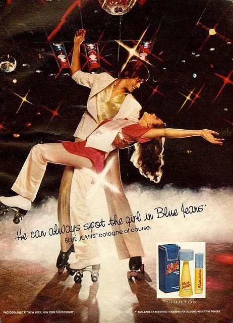 Blue Jeans    From Seventeen, December 1978 70s Roller Disco, Moda Disco, Disco Roller Skating, Disco Aesthetic, Disco Style, Disco Fashion, Roller Disco, Disco Fever, Perfume Ad