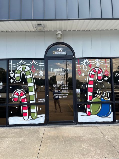 North Pole Window Painting, Store Front Christmas Window Painting, Christmas Themed Window Painting, Hair Salon Christmas Window Painting, Salon Christmas Window Display, Christmas Store Window Painting, Candy Cane Window Painting, Christmas Window Display Paint, Candy Cane Window Display