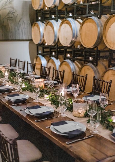 Vineyard Rehearsal Dinner, Winery Interior Design Tasting Room, Winery Wedding Decorations Centerpieces, October Winery Wedding, Winery Rehearsal Dinner, Rehearsal Dinner Restaurant, Minimal Reception, Winery Party, Wine Cellar Wedding