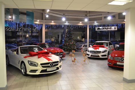 #MercedesBenz #Christmas #Solihull Dealership Christmas Decorations, Car Dealership Christmas Decor, Automobile Showroom Design, Luxury Car Showroom, Car Decoration Ideas, Christmas Moodboard, Mercedes Dealership, Holiday Car, Xmas Design