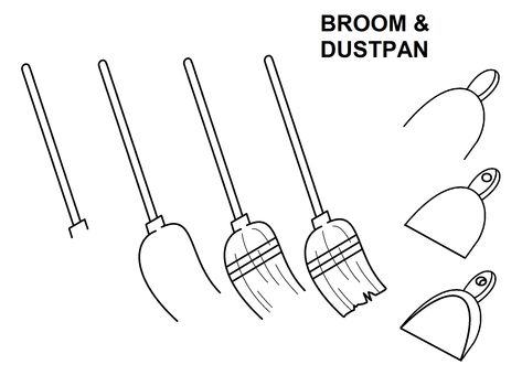 Step-by-step to draw a broom and dustpan. Broom Doodle, Broom And Dustpan, A Broom, Dust Pan, Witch Broom, Art Poster Design, Step Drawing, Drawing Videos, Step By Step Drawing