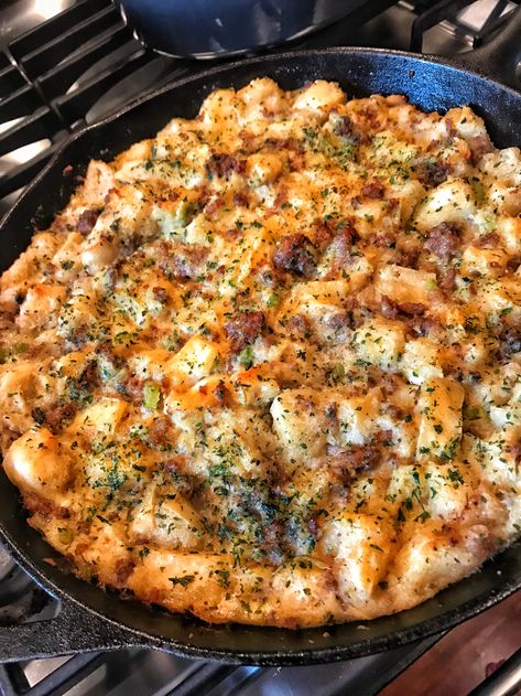 Bread Dumpling Skillet Sausage Stuffing - The Tipsy Housewife Bread Dumplings Recipes, Best Stuffing Recipe, Sausage Skillet, Pork Breakfast Sausage, Best Dumplings, Bread Dumplings, Stuffing Recipes For Thanksgiving, Sausage Stuffing, Potato Dumplings