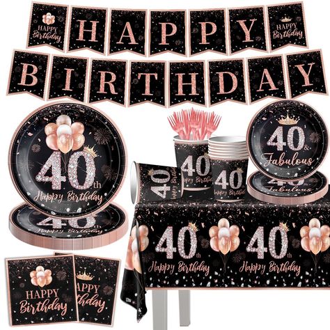 PRICES MAY VARY. 🍰【Package Includes】The party set includes :1pc"Happy birthday"banner,1pc 40th birthday tablecloth, 40pcs disposable paper plates (2 sizes), 20pcs paper cups, 40 napkins, 20 knives, 20 forks, which can meet the needs of 20 guests, and designed especially for women's 40 and fabulous party celebrating. 🎉【Exquisite Pattern】The 40th birthday party supplies use black and rose gold as the theme color.The sparkling rose gold balloons and pink diamond patterned "Happy 40th Birthday" ad Forks And Knives, Disposable Tablecloth, Tableware Set, Birthday Party Supplies, Forks, Napkins, Birthday Party, Rose Gold, Party Supplies