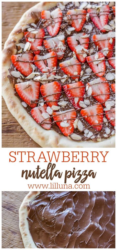 There are so many great flavors in this Strawberry Nutella Pizza—bananas, strawberries, sliced almonds, nutella, and powdered sugar! #strawberrynutellapizza #nutellapizza #strawberries #nutella #dessertpizza Strawberry Pizza, Nutella Pizza, Dessert Pizza Recipes, Sweet Pizza, Strawberry Nutella, Cookie Pizza, Hashbrown Recipes, Pizza Recipes Homemade, Nutella Recipes