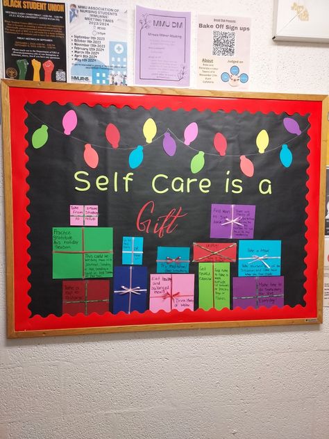 Self Care is a Gift December Mental Health Bulletin Board, Christmas Mental Health Bulletin Board, December Ra Bulletin Board, Self Care Bulletin Board, Res Life Bulletin Boards, December Bulletin Boards, Health Bulletin Boards, Work Bulletin Boards, Ra Bulletins