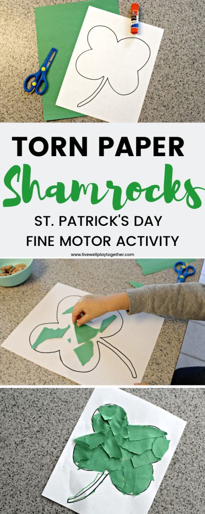 Torn Paper Shamrock: A Fine Motor Activity for St. Patrick's Day - Live Well Play Together Paper Shamrocks, Diy Leprechaun, March Lesson Plans, Sant Patrick, March Lessons, Fine Motor Development, St Patricks Crafts, Fine Motor Activity, Leprechaun Trap