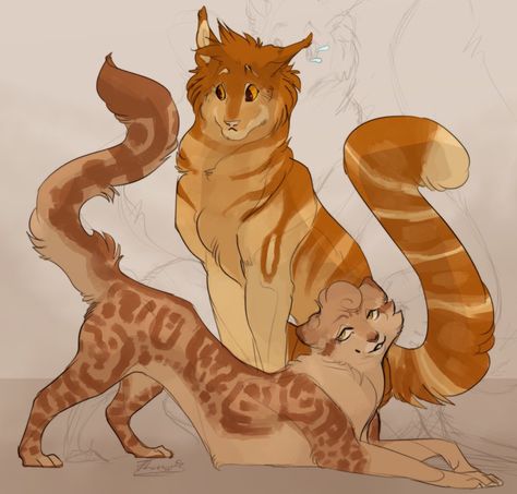 Sketch Commission:. Aspen + Bramble by Remarin on DeviantArt Warrior Cat Names, Hybrid Art, Mythical Creatures Fantasy, Warrior Cat Drawings, Cat Doodle, Big Cats Art, Warrior Cats Art, Oc Drawings, Cat Character