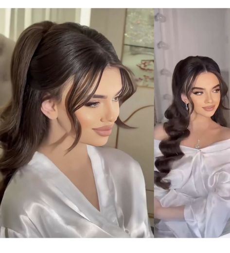 Hair Styles With Head Piece, Bride Hair For Off The Shoulder Dress, Bridal Hair Half Up Volume, Elegant Half Updo, Half Up Half Down Wedding Hair Curtain Bangs, Extention Hairstyles Long Hair Black, Henna Night Hairstyles, Arabic Wedding Hairstyles, Korean Hairdo Wedding