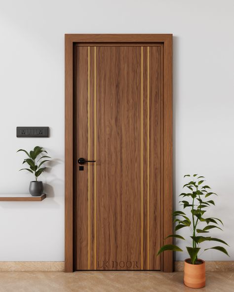 Veneer Door with Metal Inlay Experience modern elegance with this veneer door, beautifully inlaid with straight vertical metal strips. This design blends the warmth of wood with the sleekness of metal, creating a door that stands out with its contemporary style and sophistication. 🏠✨  Perfect for those who appreciate a refined and modern touch in their interiors.  📞 (+91) 8447141141 . . . #VeneerDoor #MetalInlay #ModernDesign #InteriorDesign #HomeDecor s #ContemporaryStyle #LKDoor Veneer Door Design Entrance, Veneer Door Design, Hardik Sharma, Exterior Door Styles, House Main Door, Gate Wall Design, House Main Door Design, Contemporary Front Doors, Veneer Door