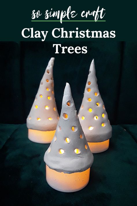 You'll love this easy craft for Christmas.  These little clay trees sit right on top of an LED tea light so they light up!  They won't take any time and very few materials. Air Dry Clay Christmas Tree, Clay Christmas Trees, Air Dry Clay Christmas, Clay Christmas Tree, Natural Holiday Decor, Clay Christmas Decorations, Air Dry Clay Projects, Clay Christmas, Alternative Christmas Tree