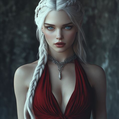 a stunningly beautiful pale skinned mischievous looking Targaryen woman with soft blue eyes and long white hair in a twisted and braided updo with pieces framing her face wearing a flowy crimson red halter top style dress with a plunging neckline White Hair Character Design Female, Blonde Goddess, Royal Costume, Red Halter Top, Long White Hair, Targaryen Art, Targaryen Aesthetic, Crimson Red, Braided Updo