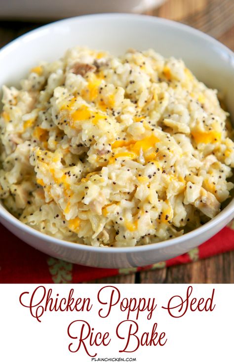 Cream Chicken Soup, Easy Weeknight Casseroles, Poppyseed Chicken, Plain Chicken Recipe, Poppy Seed Chicken Casserole, Chicken Rice Bake, Weeknight Casseroles, Chicken Cheddar, Poppy Seed Chicken