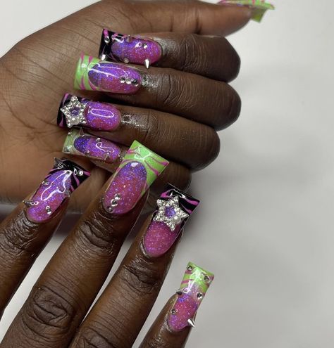 #nails #nailinspiration #duckies #fashion Duck Tip Nails Y2k, Scene Acrylic Nails, 2000 Duck Nails, Colorful Y2k Nails, Duck Nail Designs Y2k, 2000s Duck Nails, 2000s Nails Acrylic Y2k, Early 2000s Nail Designs, Scene Kid Nails