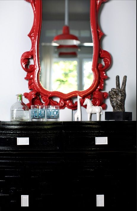 Baroque Mirrors, Mirror And Sconces, Gray Interiors, Lacquered Mirror, Painted Wood Floors, Decor Pad, Lacquer Furniture, Foyer Decor, Red Mirror