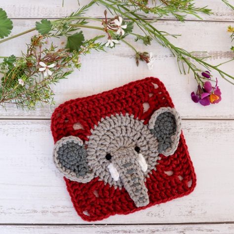 Themba the elephant granny square Crochet pattern by Thoresby Cottage Lion Crochet, Motifs Granny Square, Crochet Lion, Crochet Rabbit, Crochet Elephant, Granny Square Blanket, Crochet Square Patterns, Square Crochet, Crochet Animal Patterns