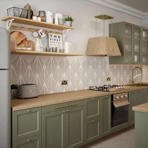 Kitchen Room Design, Kitchen Inspiration Design, Green Kitchen, Kitchen Tiles, Design Case, Kitchen Style, Home Decor Kitchen, 인테리어 디자인, Interior Design Kitchen