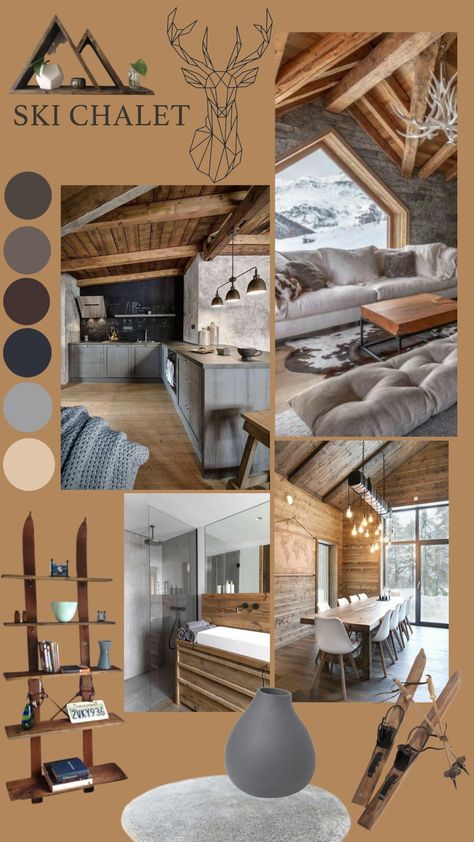 Lodge Mood Board, Mountain Home Mood Board, Ski Chalet Color Palette, Rustic Mood Board Interior Design, Chalet Moodboard, Mountain Mood Board, Chalet Aesthetic, Scandinavian Cabin Interior, Mini Chalet