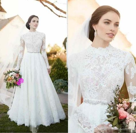 Cheap Simple Wedding Dress, Modest Bridal Dresses, Long Sleeve Wedding Gowns, Vintage Lace Weddings, A Line Bridal Gowns, Wedding Dress Sash, Wedding Gowns With Sleeves, Pnina Tornai, Lace Wedding Dress Vintage