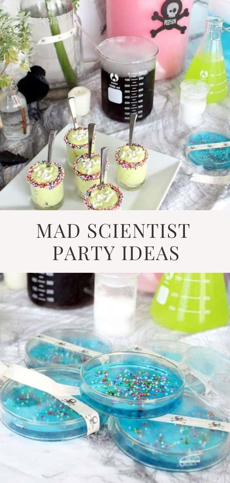 Step into the lab and prepare for an unforgettable night as we reveal the secrets from our scary spooky Halloween Mad Scientist party that was filled with crazy DIY’s and gooey recipes. #madscientistparty #madscienceparty #madsciencebirthdayparty #halloweenparty #halloween #partyideas Mad Scientist Halloween Party Food, Mad Scientist Cake Ideas, Mad Scientist Birthday Party Ideas, Mad Scientist Food Ideas, Science Theme Food, Mad Scientist Day At School, Diy Mad Scientist Lab, Mad Scientist Lab Decorations, Mad Scientist Props