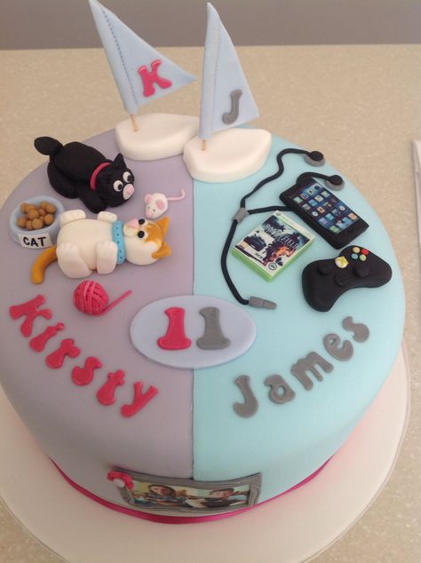 Twins cake with cats and IT ! Sister Birthday Cake, Cat Cakes, Twin Birthday Cakes, 9th Birthday Cake, Incredible Cakes, Twins Cake, Girly Cakes, 16 Birthday Cake, Kids Cakes