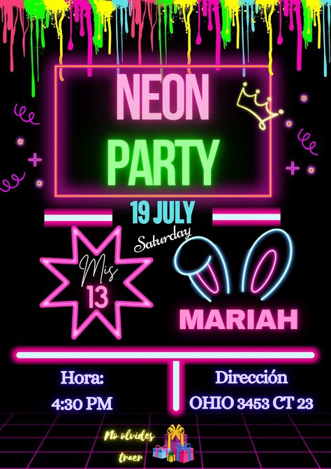 Neon Party Design, Glow Party Invite, Neon Birthday Party Invitations, Neon Party Invitations Template, Neon Birthday Party For Teens, Neon Birthday Invitations, Glow Party Invitations, Neon Pool Parties, Neon Party Invitations