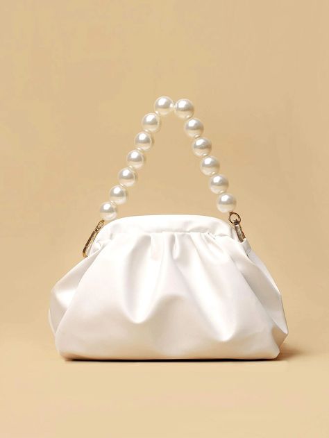 Pearl Strap Bag, White Bag Aesthetic, Pearl Handle Bag, Luxury Elegant Pearl White Bag, Elegant White Bag With Pearl Handle, Elegant Handheld Pearl Bag, Elegant White Bags With Pearl Chain, White Pearl Handheld Bag, White Sling Bag