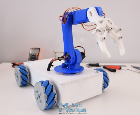 Arduino Robot Arm and Mecanum Wheels Platform Automatic Operation Arduino Robot Arm, Arduino Stepper, 3d Printed Robot, Mecanum Wheel, Robot Platform, Robot Programming, Arduino Projects Diy, Dad Crafts, Arduino Robot