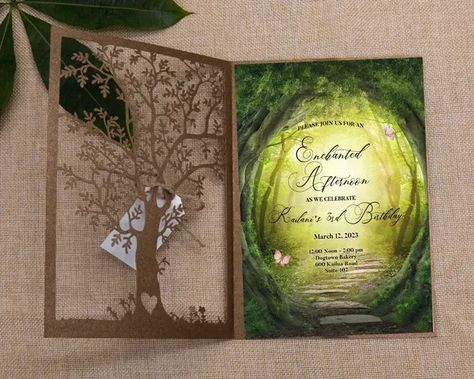 Enchanted Forest Laser Cut Tree Quinceanera Invitation, Rustic Wedding Invitation Suite, Country Bohemian Wedding Enchanted Forest Quinceanera, Laser Cut Tree, Enchanted Forest Wedding Theme, Forest Invitation, Velvet Invitation, Invitations Quinceanera, Forest Wedding Invitations, Enchanted Forest Theme, Forest Theme Wedding