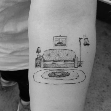 Room Tattoo Design, Living Room Tattoo, Armchair Tattoo, Sofa Tattoo, Couch Tattoo, Cozy Tattoo, Furniture Tattoo, Room Tattoo, Tv Tattoo