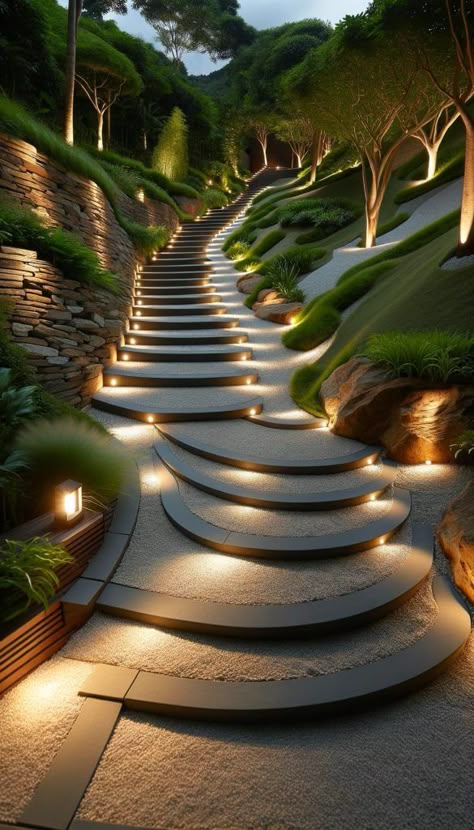 15 Unique Backyard Hill Ideas to Elevate Your Landscape 26 House On Hill Landscaping, Cool Garden Ideas, Beautiful House Ideas, Backyard Hill, Unique Backyard, Landscape Garden Design, Beautiful Home Gardens, Modern Backyard Landscaping, Cool Tree Houses