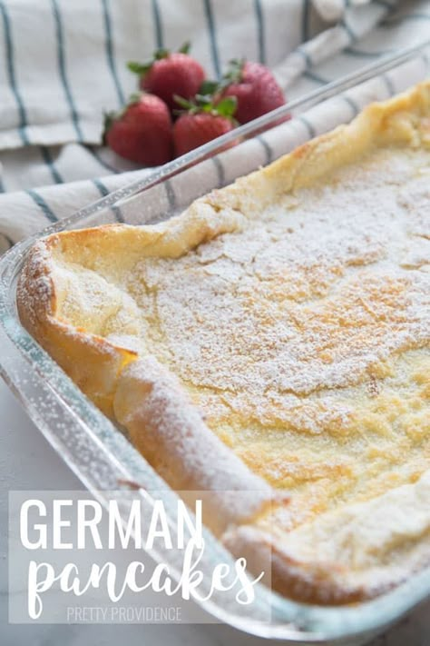 German Pancakes, aka Dutch Baby Pancakes are fluffy, delicious, SO easy to make, and you only need 5 ingredients. My family loves this easy breakfast recipe! #germanpancakes #dutchbabypancakes #dutchbaby #germanpancakerecipe #breakfast #breakfastideas #breakfastrecipes #bestbreakfast #pancakes #brunch #breakfastfordinner #easybreakfast #easyrecipe #recipes #easyfood Dutch Baby Pancakes, German Pancakes Recipe, Oven Pancakes, Baby Pancakes, German Pancakes, Easy Breakfast Recipe, Dutch Baby Pancake, Baked Pancakes, Dutch Baby