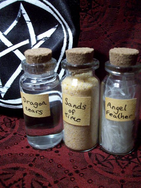 SPN: Set of 3 Glass Vials; Tears of a Dragon, Angel Feather and Sands of Time Spell Ingredients [As seen on 8x12 'As Time Goes By'] Time Spell, Dragon Angel, Supernatural Crafts, Supernatural Birthday, Supernatural Party, Spell Ingredients, Just Add Magic, Angel Feather, Men Of Letters