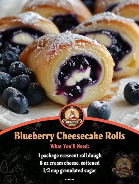 Blueberry Cheesecake Rolls, Cheesecake Rolls, Cream Cheese Pastry, Grandma Cooking, Paula Deen Recipes, Blueberry Desserts, Blueberry Cream Cheese, Crescent Dough, Crescent Roll Dough