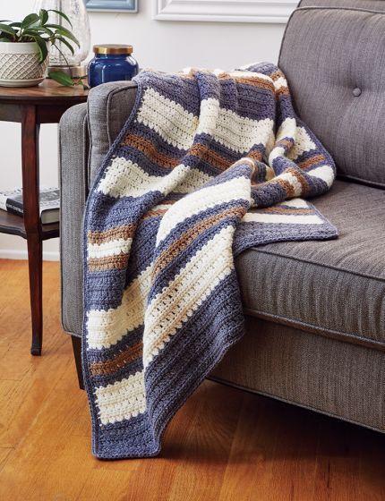 Crochet Stripes Throw Farmhouse Craft - The Crochet Stripes throw perfect throw for snuggling on a lazy afternoon. It has all the texture and simple stripes that we love in Modern Farmhouse Decor. Aran Blanket, Crochet Blanket Kit, Handmade Blankets, Striped Crochet Blanket, Lazy Afternoon, Mary Maxim, Farmhouse Crafts, Striped Blankets, Striped Throw