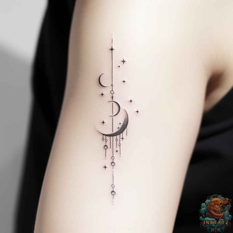 Shining Bright: Exploring the Feminine Power of Moon and Stars Tattoos: 50 Designs - inktat2.com Tato Idea, Moon Tattoos For Women, Phase Tattoo, Moon Star Tattoo, Tato Minimal, Bts Tattoos, Tattoo Board, Star Tattoo Designs, Aries Tattoo