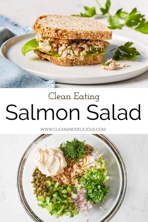 This simple Salmon Salad is a quick and easy meal option. Made with canned salmon, greek yogurt, a little mayo, and some crunchy fixings, it's great as a sandwich, a wrap, or in a bowl. Perfect for hot summer days, make this for meal prep or eat it right away. Watch the video to see how it's made! (Low Carb + Gluten Free) Salmon Salad Recipes Canned, Can Salmon Recipes Easy Healthy, Healthy Recipes With Canned Salmon, Canned Salmon Sandwich, Canned Salmon Meal Prep, Canned Salmon Salad Recipes, Low Carb Canned Salmon Recipes, Salmon Salad Sandwich Recipes, Canned Salmon Salad Recipes Healthy