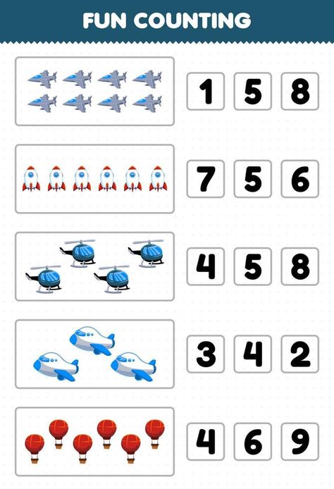 Education game for children fun counting and choosing the correct number of cartoon air transportation jet fighter rocket helicopter plane balloon printable worksheet Air Transport Worksheets For Preschool, Air Transportation Worksheet, Air Transportation Preschool Activities, Air Transportation Activities, Air Transportation Preschool, English Preschool, Free Preschool Activities, Balloon Printable, Transportation Preschool Activities