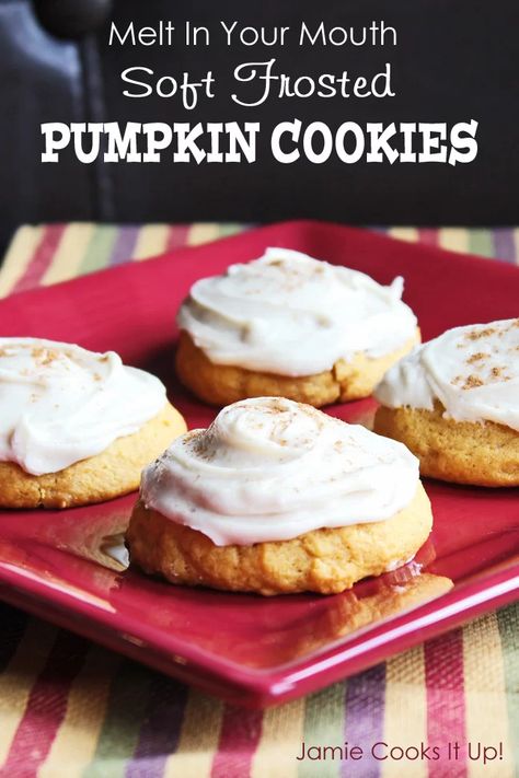 Melt In Your Mouth, Soft Frosted Pumpkin Cookies – Jamie Cooks It Up Frosted Pumpkin Cookies, Pasteles Halloween, Pumpkin Snickerdoodles, Up Pumpkin, Recipes Pumpkin, Pumpkin Pie Mix, Pumpkin Desserts, Pumpkin Recipes Dessert, Pumpkin Cookies