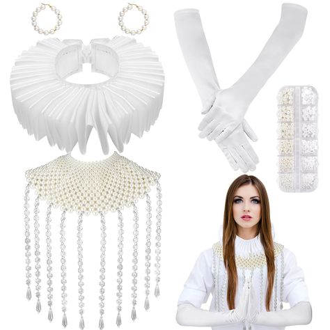 PRICES MAY VARY. Renaissance Elizabethan Cosplay Costume: the package comes with 1 pair of white long gloves, 1 box of half round pearl stickers, 1 white pearl shawl, 1 vintage clown collar, and 1 pair of pearl earrings, to add some feminine taste to your everyday outfit or Halloween costume Ideal Party Costume: our pearl accessories feature a classic and elegant design, adding a lot of charms and interest to your Halloween party and other themed activities; Wearing them will make you stand out Pearl Shawl, Clown Collar, Gloves Diy, Elizabethan Collar, Satin Gloves, Vintage Clown, Pearl Accessories, Long Gloves, Earrings Long