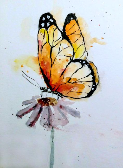 Watercolor - Yellow orange butterfly. Painted by Rayna Prettyman Watercolour Monarch Butterfly, Butterfly Watercolour Painting, Monarch Watercolor, Watercolour Insects, Yellow Orange Butterfly, Butterfly Watercolor Painting, Watercolour Butterfly, Butterfly Art Drawing, Watercolor Butterflies